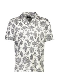 Camisa de manga corta de tela blanca con un patrón negro de flores y paisley, con cuello puntiagudo y cierre de botones.