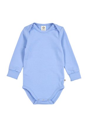 Light blue long-sleeve baby bodysuit with envelope neckline and snaps at the crotch, plain design with small brand label at collar.