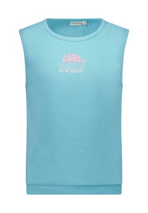Lichtblauw mouwloos topje van ribstof, met geborduurde tekst "CARS GIRLS are the Future" in roze en wit.