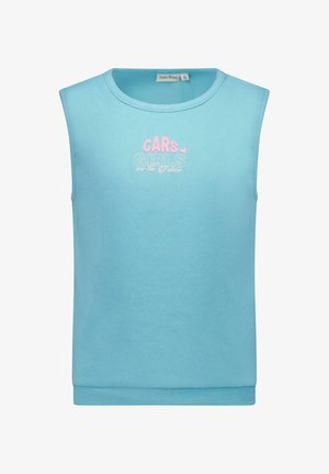 Lichtblauw mouwloos topje van ribstof, met geborduurde tekst "CARS GIRLS are the Future" in roze en wit.