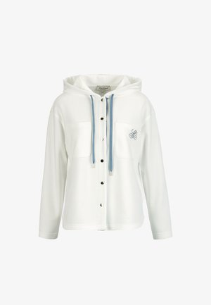 White hooded jacket with blue drawstrings, front snap buttons, two chest pockets, and embroidered monogram on left pocket.