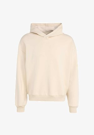 Cream-colored hoodie made of soft fabric. Features a double-layered hood, elastic cuffs, and a relaxed fit. No visible patterns or hardware.