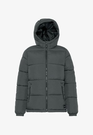 Sötét szürke puffernadrág, kapucnival, cipzáras elülső résszel, párnázott szakaszokkal, elasztikus mandzsettákkal és oldalsó zsebekkel. Simább anyag, matt felülettel.