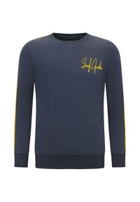 Navyblauwe sweatshirt van zacht materiaal, heeft lange mouwen, geribde manchetten en een gele geborduurde logo op de borst en mouw.