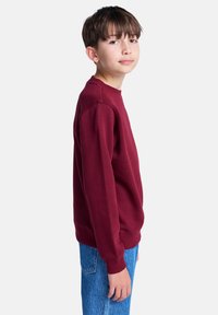 Boy with short brown hair wearing a maroon sweatshirt and blue jeans, standing sideways against a plain white background.