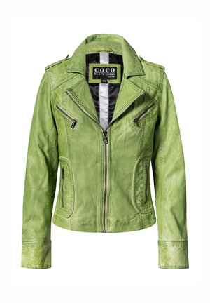 Lichtgroen leren bikerjack met ritssluiting aan de voorkant, ritssluitzakken en zwart-wit gestreepte binnenvoering met label "COCO Black Label."