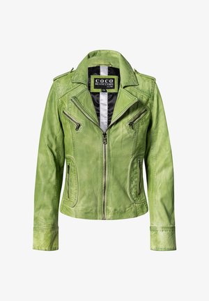 Hellgrüne Leder-Bikerjacke mit Frontreißverschluss, Reißverschlusstaschen und schwarz-weiß gestreiftem Innenfutter mit dem Aufdruck „COCO Black Label.“