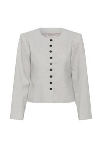 Veste grise clair ajustée avec manches longues, encolure ronde et rangée centrale de neuf boutons noirs.