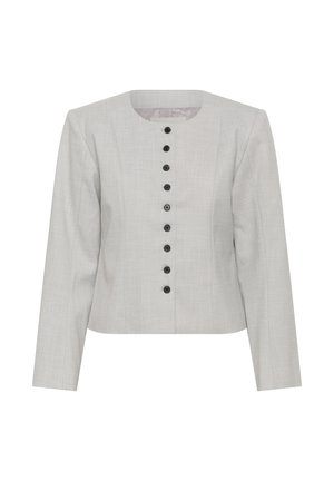 Jasnoszara, dopasowana marynarka z długimi rękawami, okrągłym dekoltem i centralnym rzędem dziewięciu czarnych guzików.