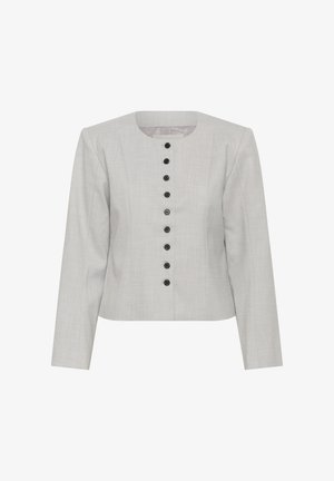 Gaiši pelēks piegriezts žakete ar garām piedurknēm, apaļu apkakli un centrālu rindu ar deviņiem melniem pogām.