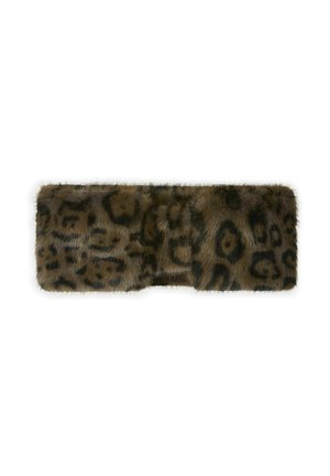 Braunes Stirnband aus Kunstfell mit dunklem Leopardenmuster und weicher Textur auf weißem Hintergrund.