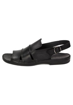 Sandal en cuir noir avec une ouverture à l'avant et des découpes sur les côtés. Doté d'une sangle à boucle ajustable et d'une semelle texturée pour l'adhérence.
