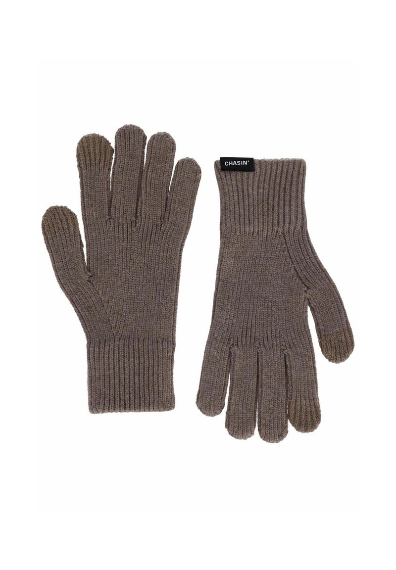 Gants en tricot marron avec des poignets côtelés, comportant une étiquette au niveau du poignet. Le design comprend cinq doigts et une texture lisse.