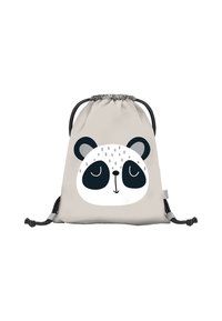 Šnurovací taška v světle béžové barvě s designem pandí tváře. Obsahuje tmavé akcenty na očích a uších, vyrobena z hladkého materiálu.