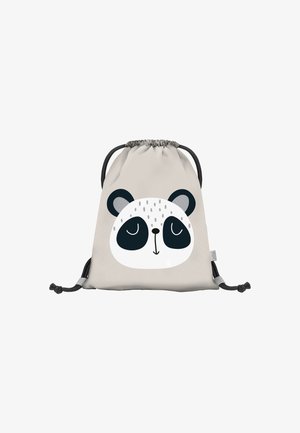 Sac à cordon en beige clair avec un design de visage de panda. Comprend des accents sombres pour les yeux et les oreilles, fabriqué en tissu lisse.