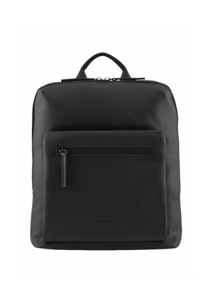 Zaino nero realizzato in materiale liscio, con una tasca frontale con cerniera, una maniglia superiore e un design minimalista senza accenti aggiuntivi.