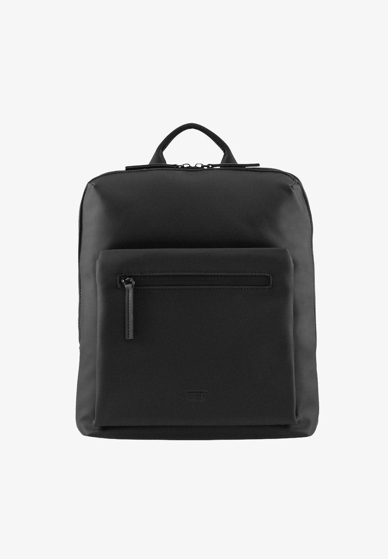 Zaino nero realizzato in materiale liscio, con una tasca frontale con cerniera, una maniglia superiore e un design minimalista senza accenti aggiuntivi.