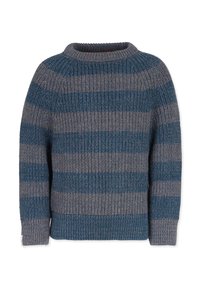 Chunky stickad tröja, grå och blå horisontella ränder, rundad hals, ribbade ärmslut och nederkant. Mjuk textur med en avslappnad passform.