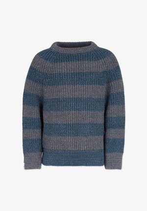 Chunky strikket sweater, grå og blå vandrette striber, rund hals, ribbede manchetter og kant. Blød tekstur med en afslappet pasform.