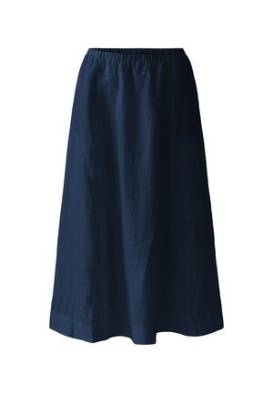 Jupe bleu marine longueur genou avec taille élastique froncée, en tissu léger, présentée sur un fond blanc.