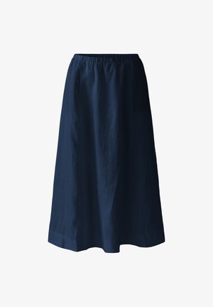 Jupe bleu marine longueur genou avec taille élastique froncée, en tissu léger, présentée sur un fond blanc.