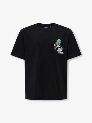 Black short-sleeve T-shirt with small colorful graphic featuring a green flower and orange leaf, and white "only and sons" text on left chest.