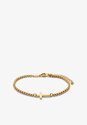 Guld kædearmbånd med et horisontalt kors i midten og hummerlås med justerbare led på hvid baggrund.