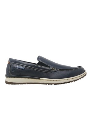 Mocassino da uomo slip-on in pelle blu navy con suola in gomma bianca e dettagli cuciti, con etichetta "Valleverde" sul lato.