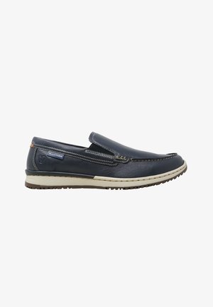 Mocassino da uomo slip-on in pelle blu navy con suola in gomma bianca e dettagli cuciti, con etichetta "Valleverde" sul lato.