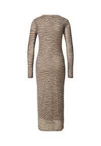 Obleka z dolgimi rokavi, oprijeta, iz prosojne bež tkanine z rjavim vzorcem črt zebre, z okroglim izrezom in do gležnjev dolga.