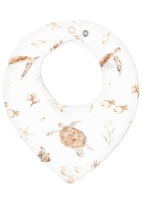Round baby bib featuring a white fabric with brown and beige sea turtle, fish, and coral patterns; snap-button closure at the top.