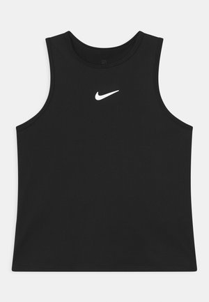 Camisola sem mangas preta feita de um tecido suave, com um logótipo branco da Nike no peito, decote redondo e costuras limpas.