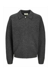 Grau gestrickter Zip-Pullover mit einem gerippten Kragen und Bündchen, verfügt über ein schlichtes Design und eine lockere Passform, geeignet zum Schichten.