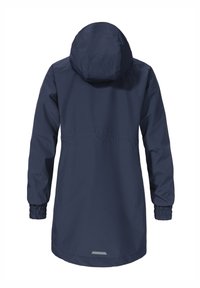 Marineblauer wasserdichter Mantel mit Kapuze, elastischen Bündchen und tailliertem Schnitt. Glatte Textur mit einem reflektierenden Akzent am Saum.