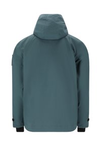 Teal vettisateen takki, jossa on huppu, sileä pinta, elastiset hihansuut ja suora leikkaus. Takakuva, minimalistinen tyyli.