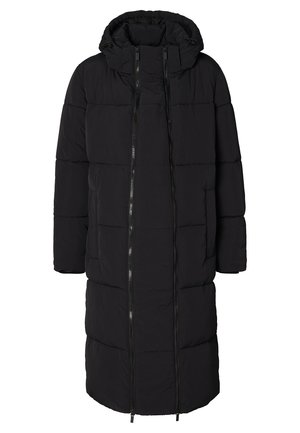 Black puffer coat with a hood, featuring a quilted design, long sleeves, side pockets, and a front zip closure. Textured, insulated fabric.