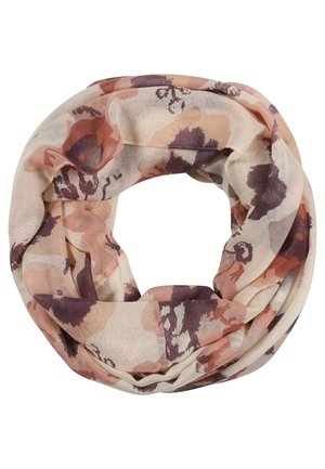 Lichtgewicht infinity-sjaal met abstracte bloemenprint in zachte beige, stoffig roze en gedempte paarstinten.