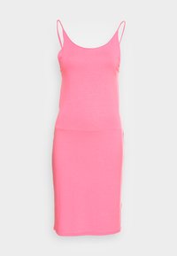 Vestido rosa, sem mangas, feito de um tecido suave. Apresenta um design ajustado com um corte reto, alças finas e uma bainha que atinge a metade da coxa.