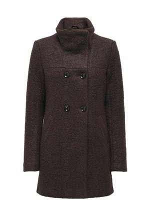 Brun uldblandingsfrakke med dobbeltradet design, høj krave og to forlommer; har sorte knapper og en struktureret overflade.
