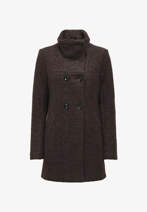 Bruine wolblend jas met een dubbele rij knopen, hoge kraag en twee voorzakken; heeft zwarte knopen en een gestructureerde afwerking.