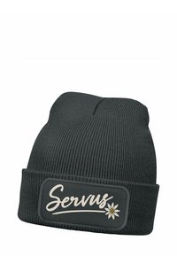 Gray knit beanie featuring a fold-over cuff and a rectangular patch with the word “Servus” and an edelweiss flower design.
