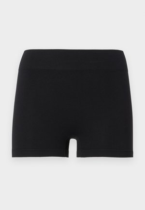 Black seamless high-waist boyshort underwear with a wide waistband and a short leg length, laid flat on a white background.