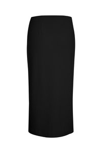 Sort knælang blyantskjørt med høj talje og lige kant, vist mod en hvid baggrund.