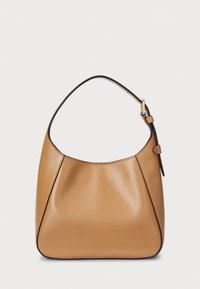 Borsa a spalla in pelle tan con una forma semi-strutturata, manico curvo e un sottile bordo nero a contrasto lungo i lati. Dettagli in metallo dorato.