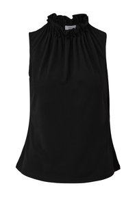 Svart ärmlös topp med en rynkad volangkrage, mjuk tygstruktur och en A-linjeformad siluett som erbjuder en slät finish och mjuk drapering.
