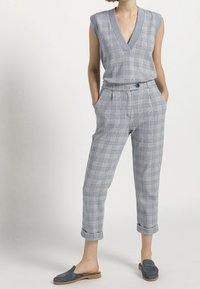 Sleeveless jumpsuit in a blue and white check pattern, featuring a v-neck, fitted waist, and tapered ankle-length legs with rolled cuffs.
