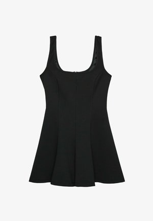 Schwarzes ärmelloses Kleid mit Rundhalsausschnitt. Ausgestellter A-Linie-Schnitt, aus glattem Stoff gefertigt, mit einem versteckten Reißverschluss im Rücken.