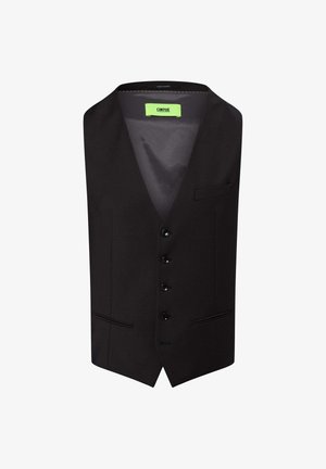 Black vest with a deep V-neck, five black buttons, two front pockets, and a smooth inner lining. A bright green tag at the neckline.