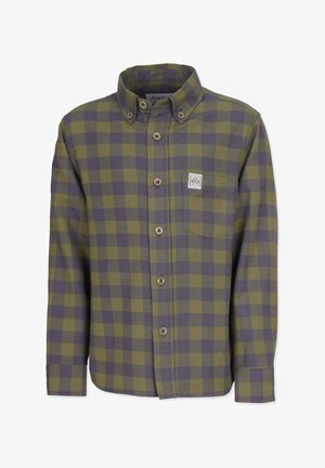 Flannel skjorte i olivengrøn og lilla rutemønster, med knap-omkransning, lange ærmer, enkelt brystlomme og træknapper.