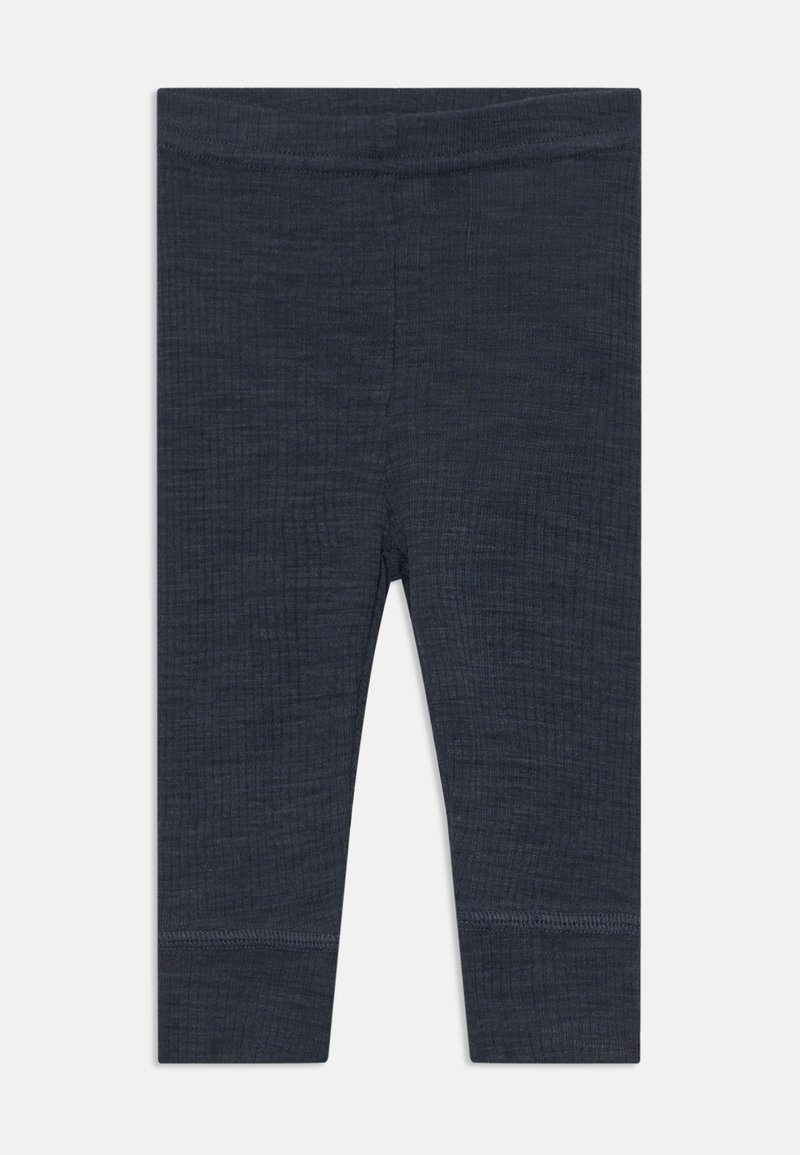 Sötét tengerészkék, pamut keverék leggings, texturált anyaggal, elasztikus derékpánttal és szűk, bokáig érő szabással.